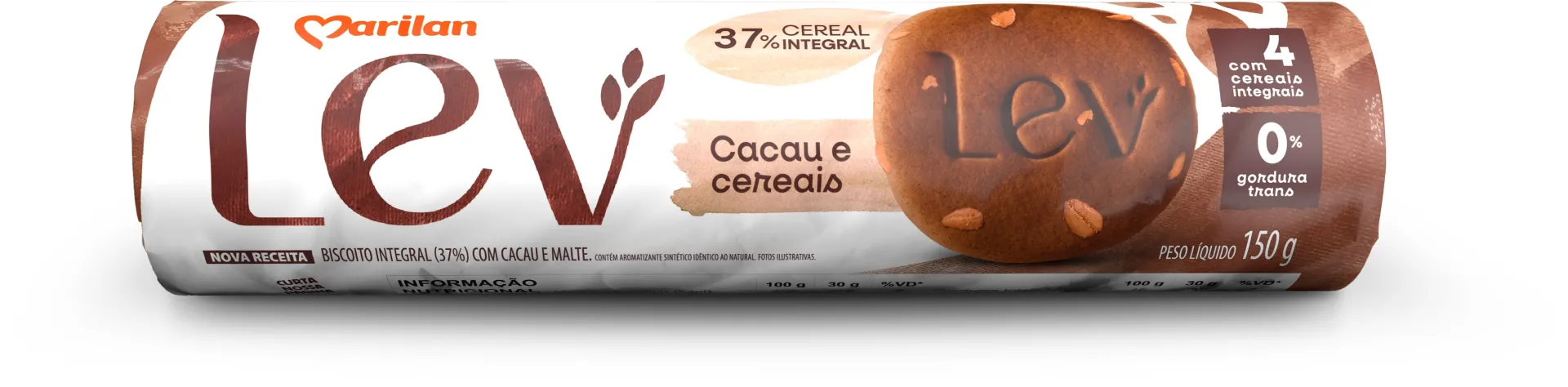 Biscoito Integral Lev Cacau e Cereais 150g